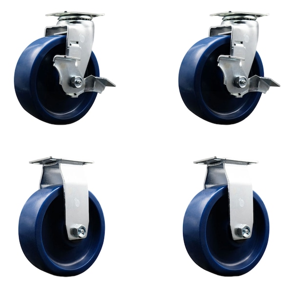 6 Inch Solid Polyurethane Caster Set with Ball Bearings 2 Brakes 2 Rigid